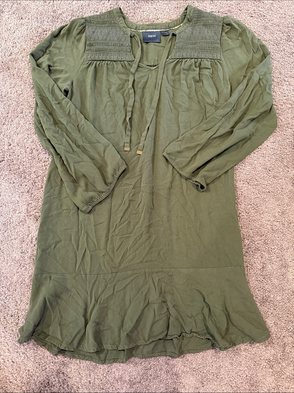 Anthropologie Maeve Olive Smocked Yoke Mini Dress